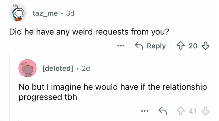 Screenshot of an online conversation discussing dating a billionaire and unusual relationship requests.