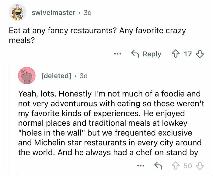 Reddit conversation about dining experiences with a billionaire, mentioning exclusive and Michelin star restaurants worldwide.