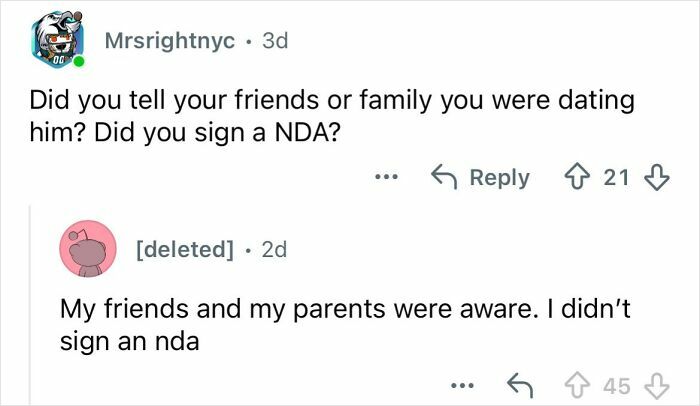 Screenshot of a social media comment thread discussing dating a billionaire 20 years older and lifestyle experiences.