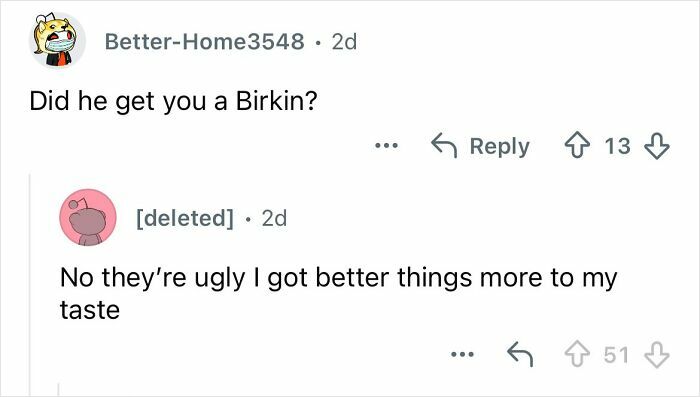 Screenshot of an online conversation discussing dating a billionaire and the lifestyle perks like luxury gifts and personal tastes.