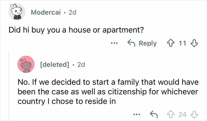 Reddit user answering questions about dating a billionaire 20 years older, discussing lifestyle and family plans.