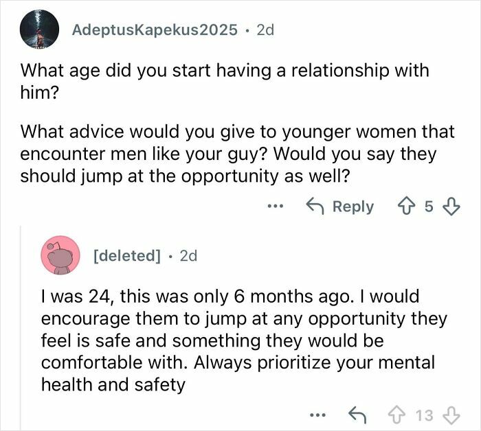 Screenshot of a text conversation discussing dating experiences and advice about relationships with a billionaire 20 years older.