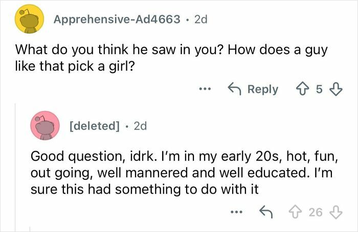 Reddit conversation showing a woman describing her early 20s lifestyle while dating a billionaire 20 years older.
