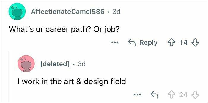Reddit conversation showing a user asking about career path and a reply about working in the art and design field.