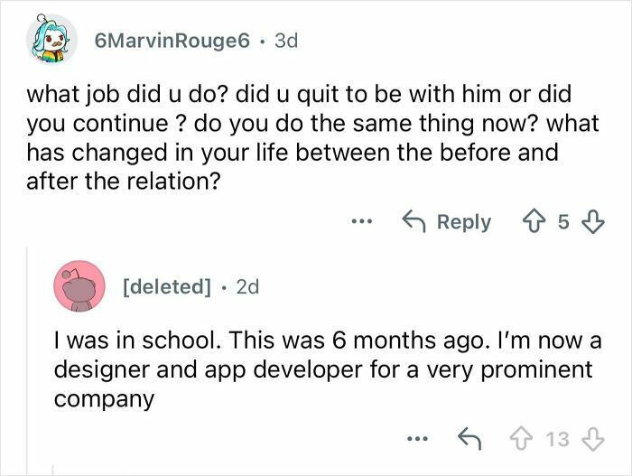 Reddit conversation discussing changes in life and career after dating a billionaire 20 years older in a crazy lifestyle.