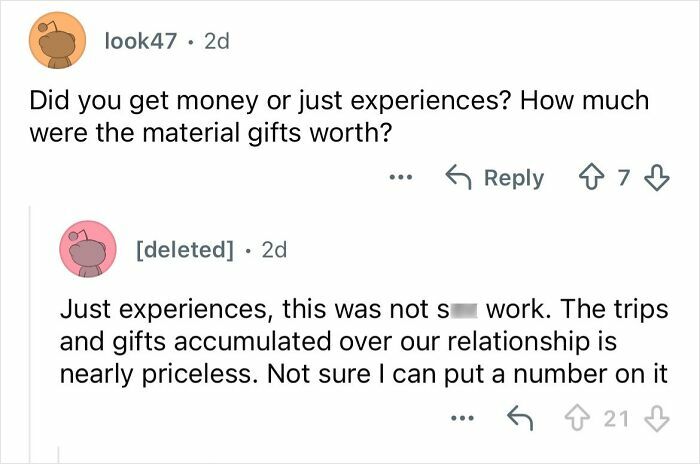Reddit user discusses priceless experiences and gifts from dating a billionaire 20 years older in a candid online exchange.