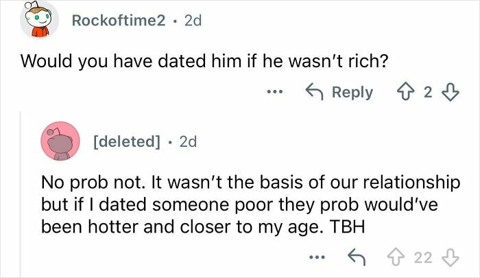 Screenshot of a conversation discussing dating a billionaire 20 years older and relationship dynamics.