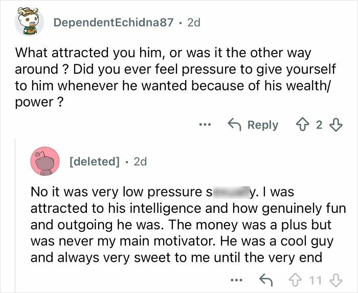 Screenshot of a Reddit conversation discussing dating a billionaire and the influence of wealth and power on the relationship.
