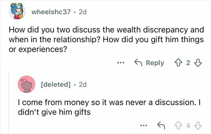 Online conversation about dating a billionaire, discussing wealth discrepancy and gift-giving in the relationship.