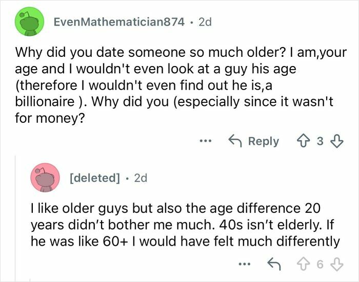 Screenshot of a Reddit conversation discussing dating a billionaire 20 years older, focusing on age difference and lifestyle.