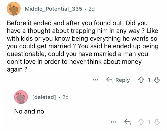 Reddit conversation showing a woman answering questions about dating a billionaire 20 years older than her.