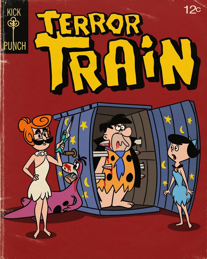 Creepy horror scene of classic cartoon characters in a violent train setting with eerie expressions and dark tones.