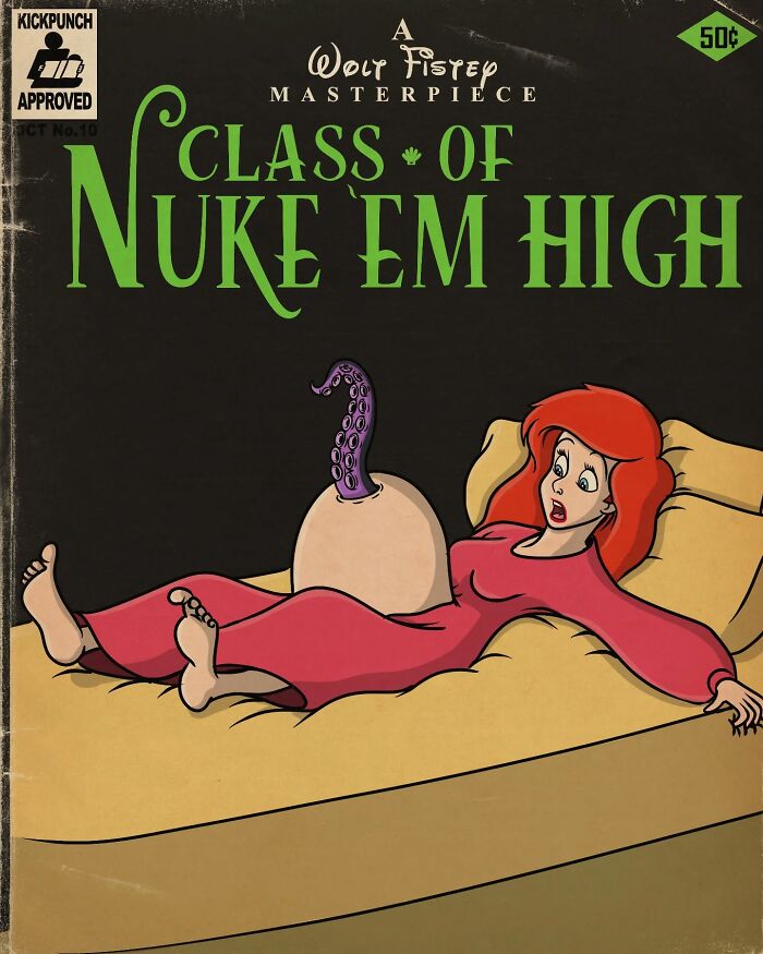 Classic cartoon character transformed into a creepy horror scene with a tentacle emerging, showcasing artist's horror art style.