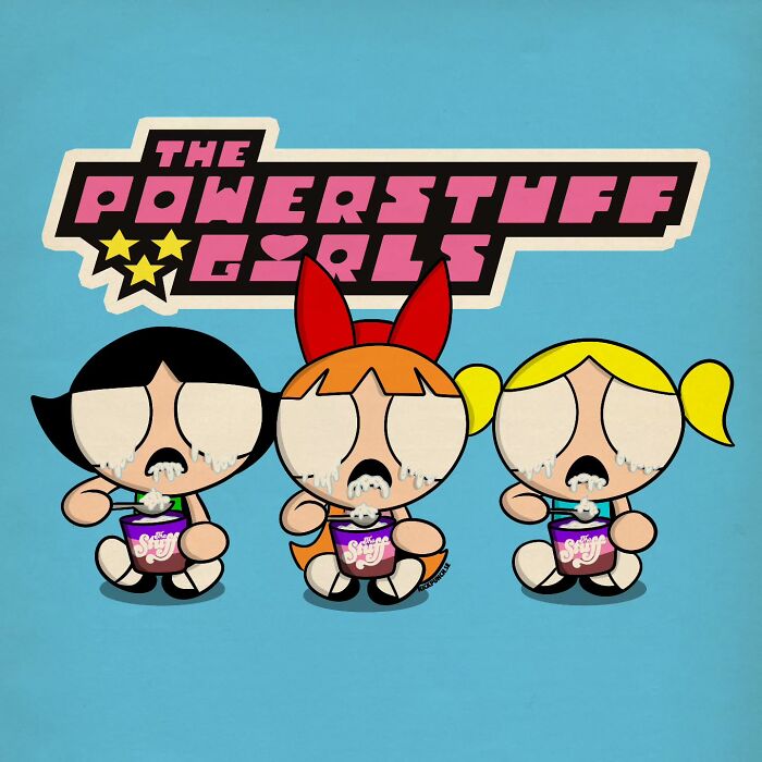 Classic cartoons turned into creepy horror scenes showing the Powerpuff Girls with disturbing tearful faces.