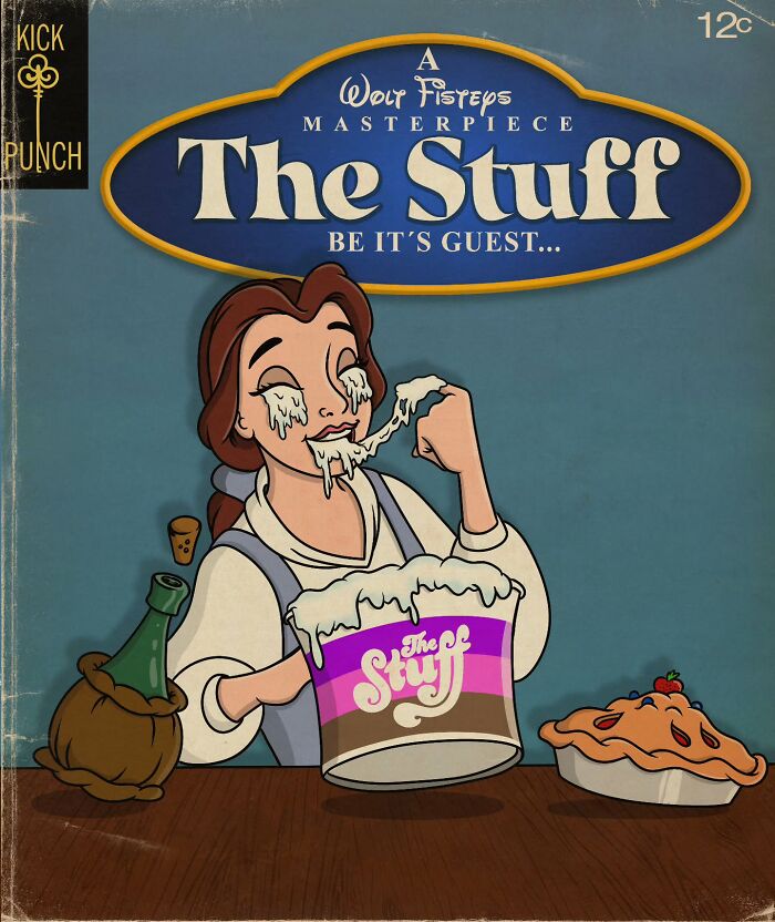Creepy horror scene of a classic cartoon character eating melting gooey "The Stuff" from a bucket on a vintage cover.