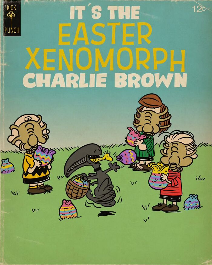 Classic cartoons turned creepy horror scene featuring a Xenomorph with Charlie Brown characters on Easter.