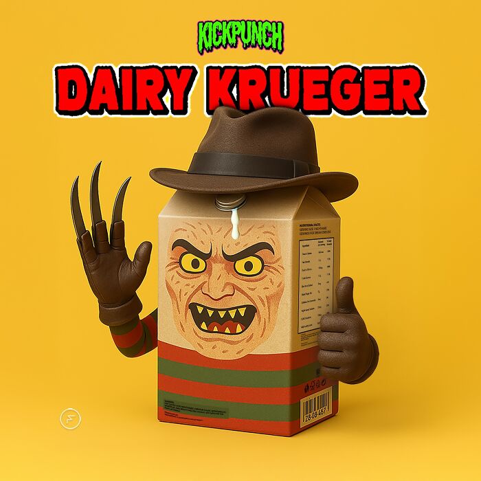 Carton character styled as Freddy Krueger with claws and fedora, blending classic cartoons with creepy horror scenes.