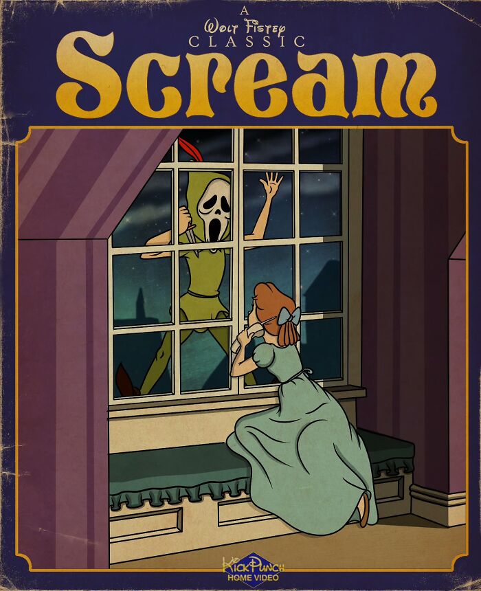 Classic cartoons reimagined as creepy horror scenes showing a frightened girl watching a ghostly figure outside a window.