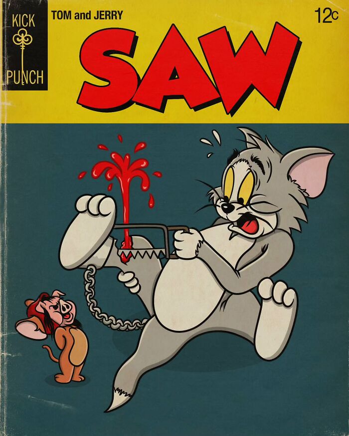 Tom and Jerry cartoon transformed into a creepy horror scene with blood and fear, illustrating classic cartoons in a dark style.