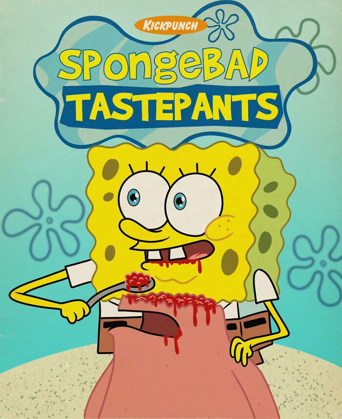 SpongeBob reimagined in a creepy horror scene eating bloody flesh, showcasing artist's classic cartoons horror transformation.