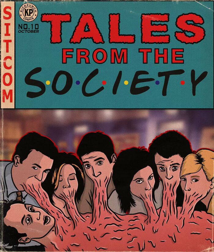 Cartoon characters with distorted faces merging into a creepy horror scene in a classic sitcom style comic cover.