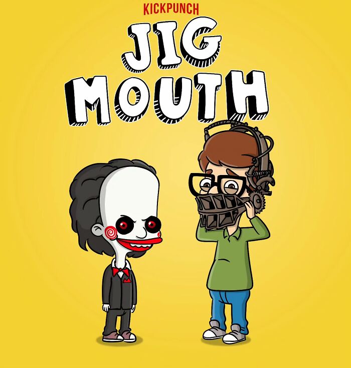 Creepy horror cartoon characters with exaggerated features and unsettling expressions on a bright yellow background.