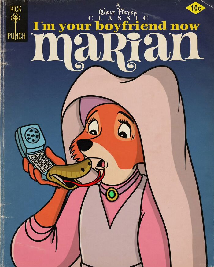 Classic cartoon character with a snake coming out of cell phone, showcasing creepy horror scenes by artist.