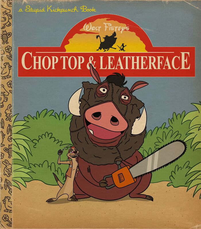 Creepy horror scenes featuring classic cartoon characters Chop Top and Leatherface with a chainsaw in eerie jungle setting.