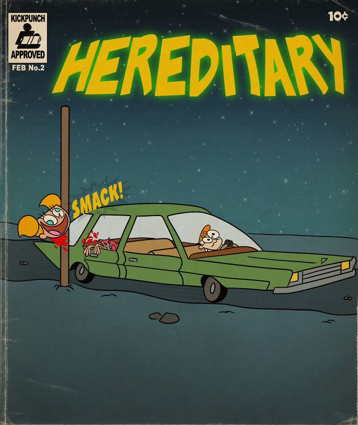 Classic cartoon characters in a creepy horror scene with a violent car crash, showcasing horror art style transformation.