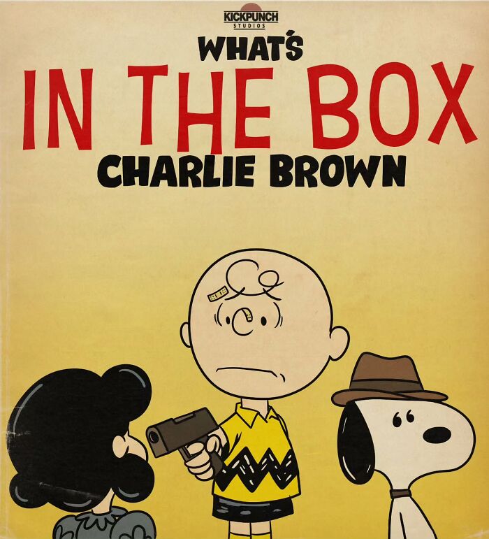 Charlie Brown holding a gun with Snoopy and another character in a creepy horror scene inspired by classic cartoons.