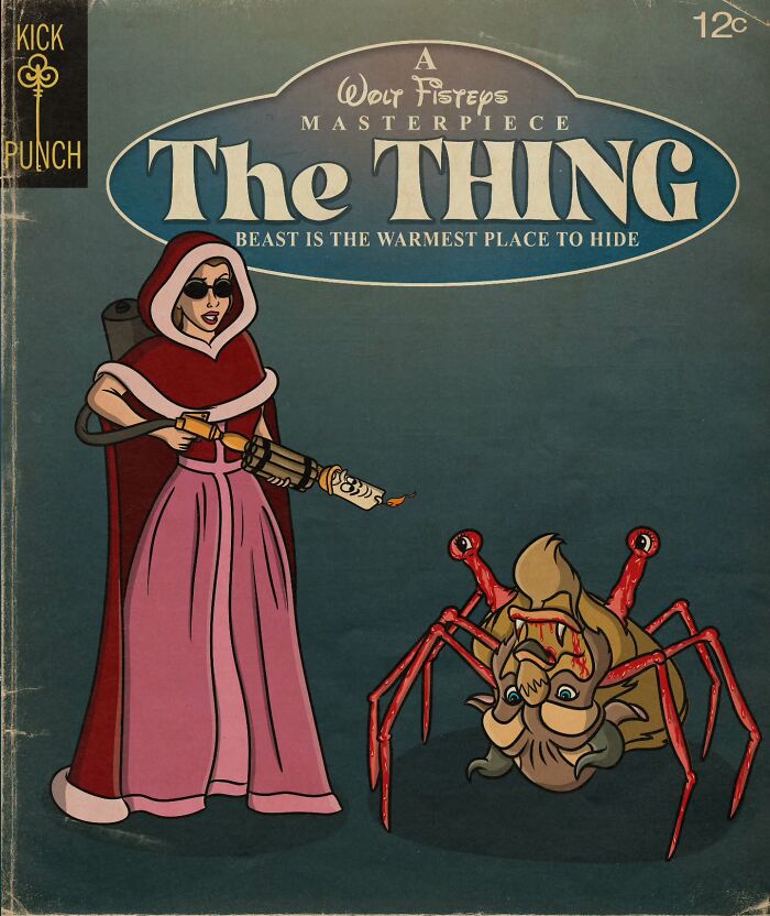 Vintage comic cover illustration showing a woman in a red cape with a flamethrower facing a creepy spider with a human face.