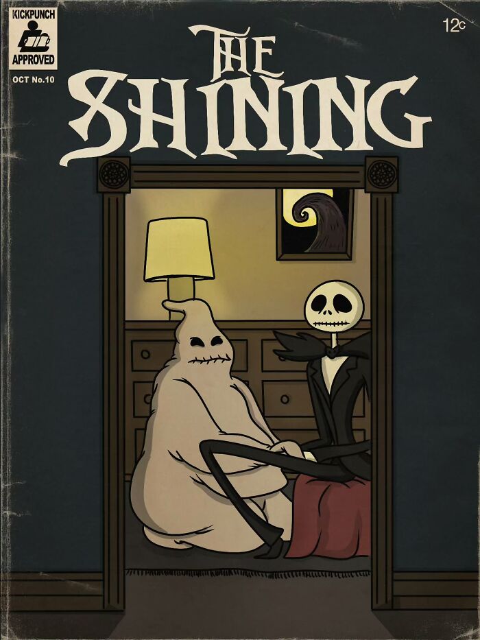 Classic cartoons reimagined as creepy horror scenes with eerie characters in a dimly lit room inspired by The Shining.