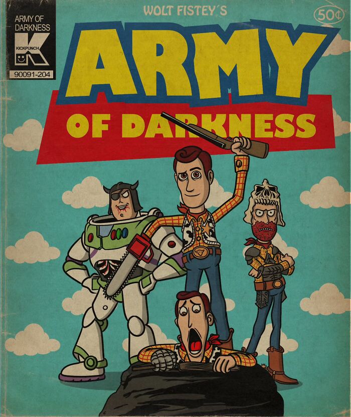 Classic cartoon characters transformed into creepy horror scenes on a vintage comic book cover titled Army of Darkness.