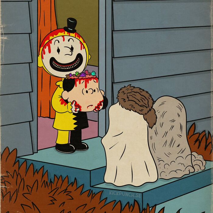 Creepy horror scene of classic cartoons featuring a character holding a severed head filled with candy at a doorstep.