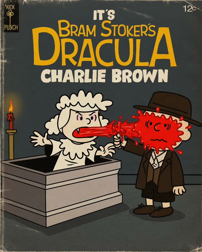 Classic cartoons turned into creepy horror scene featuring a Dracula-themed Charlie Brown with graphic blood detail.