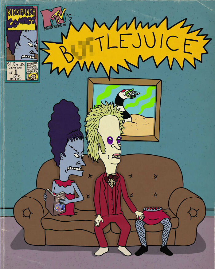 Creepy horror scene featuring a classic cartoon style with distorted characters on a couch in a dark room.