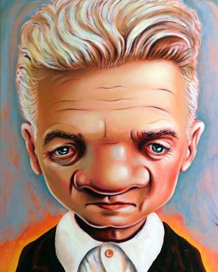 Exaggerated portrait of a man with large nose and detailed facial features in an absurd and endearing artistic style.