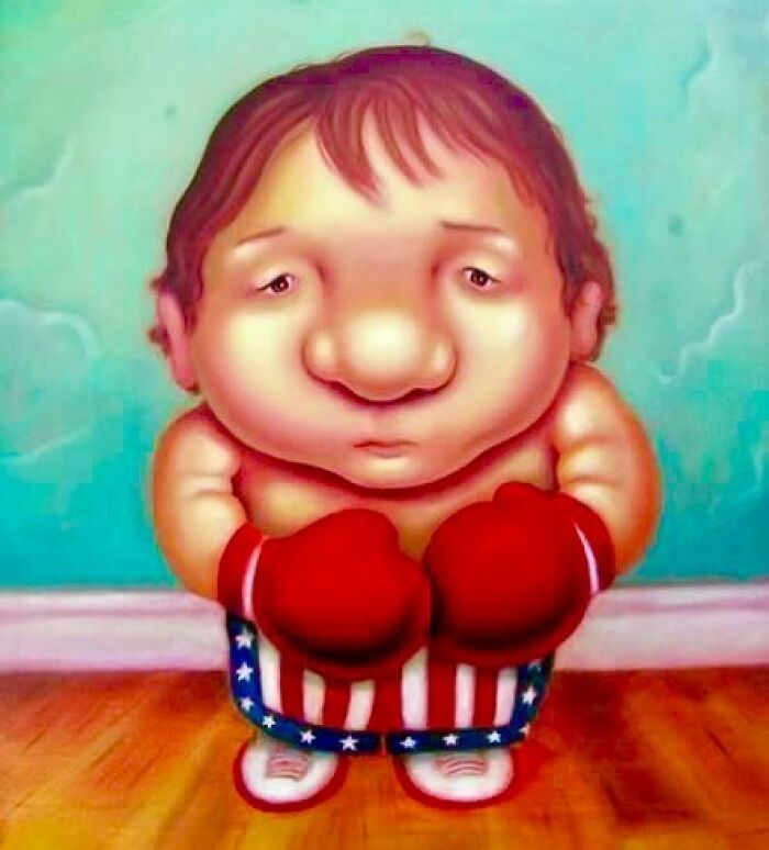 Exaggerated portrait of a child with oversized features wearing boxing gloves and American flag shorts indoors.