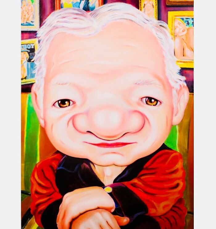 Exaggerated portrait of an elderly man with oversized facial features in a colorful, absurd and endearing style.