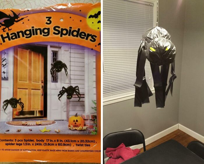 Halloween fails showing poorly made hanging spider decoration that put a damper on the spooky day atmosphere.