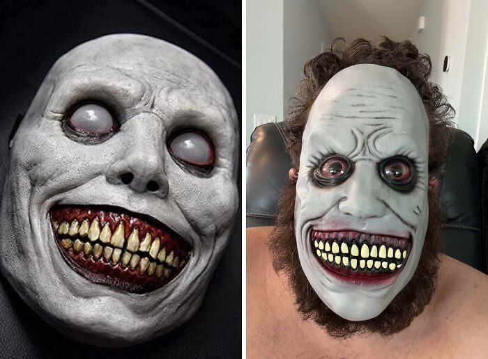 Scary Halloween mask with missing eyes and creepy teeth, showing a Halloween fail that spoils the spooky look.