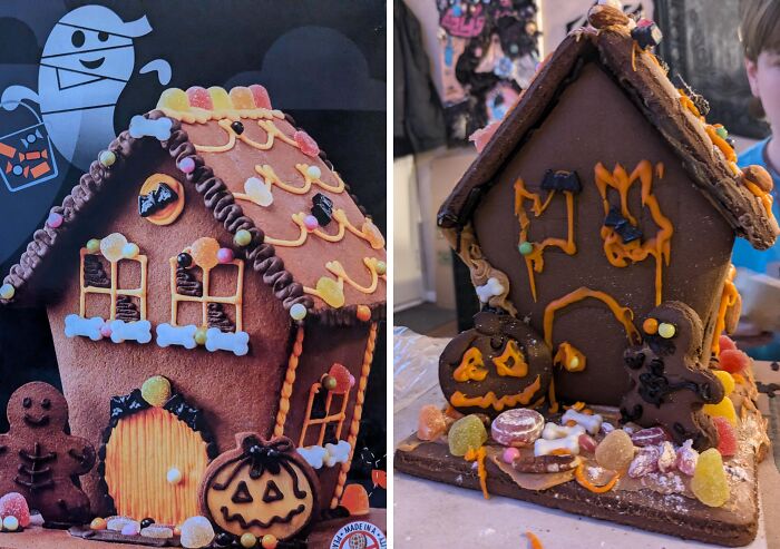 Two gingerbread houses decorated with Halloween-themed candies showing Halloween fails in design and e*******n.