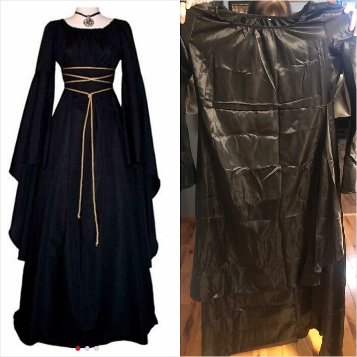 Black Halloween costume dress fail comparison showing a stylish design versus a cheap, wrinkled fabric version.