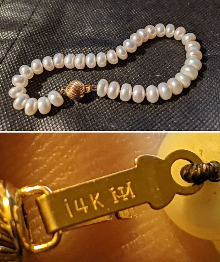 Pearl necklace with 14K gold clasp found by lucky thrift store shoppers hitting the jackpot with valuable jewelry.