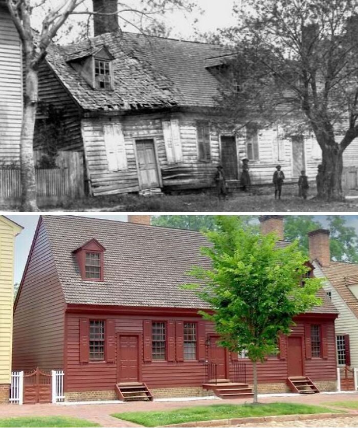 Casa histórica restaurada mostrando la transformación y restauración a su gloria histórica original en dos imágenes comparativas.