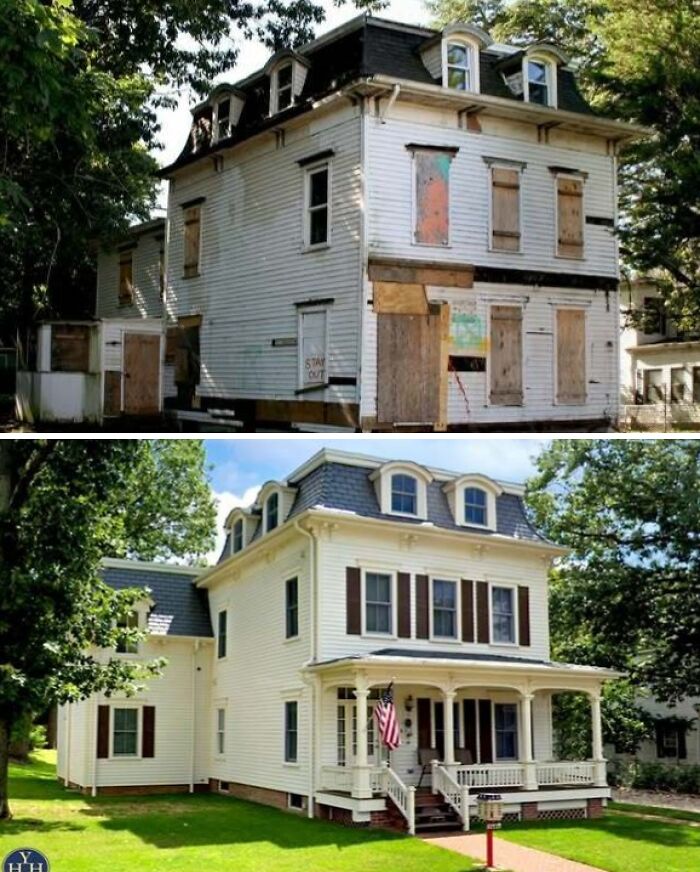 Casa histórica restaurada en dos etapas, mostrando antes abandono y después plena recuperación del estilo original.