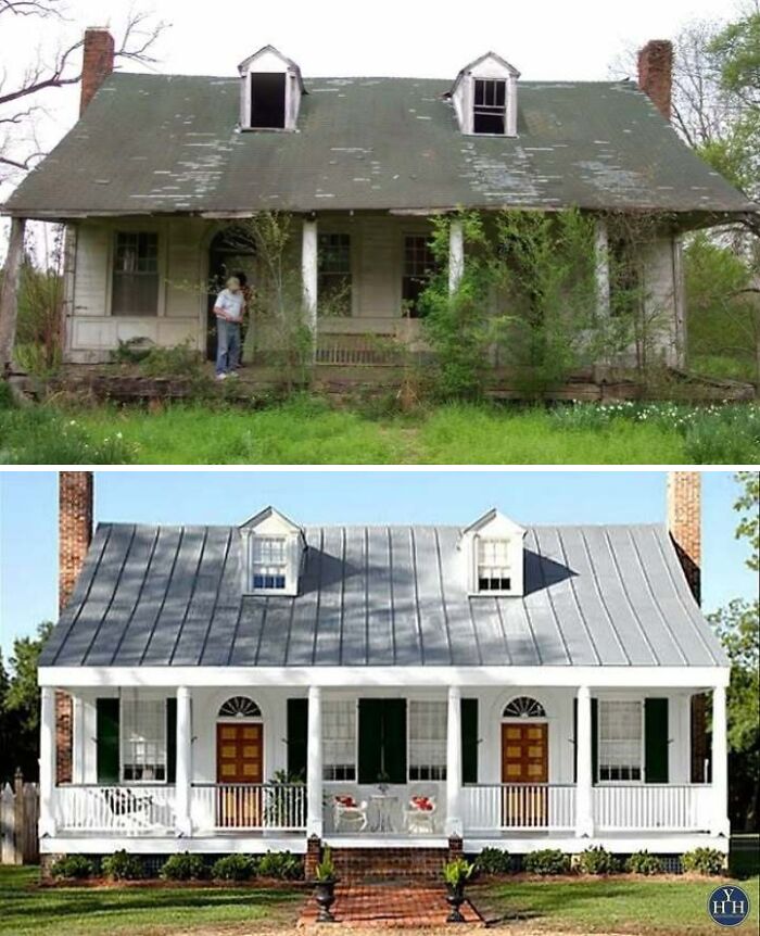 Before and after images of a house restored to its historical glory with fresh paint and repaired roof and porch.