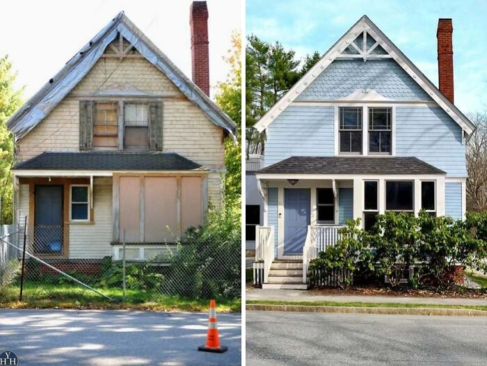Side-by-side comparison of a house before and after restoration showcasing historical house restoration results.