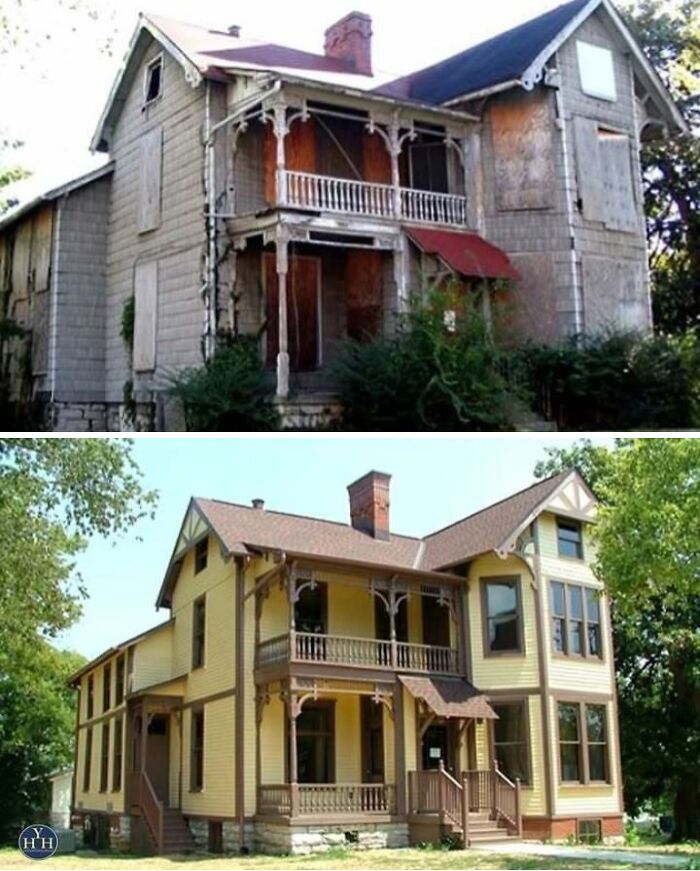 Old Victorian house before and after restoration showcasing historical house renovation and preservation.