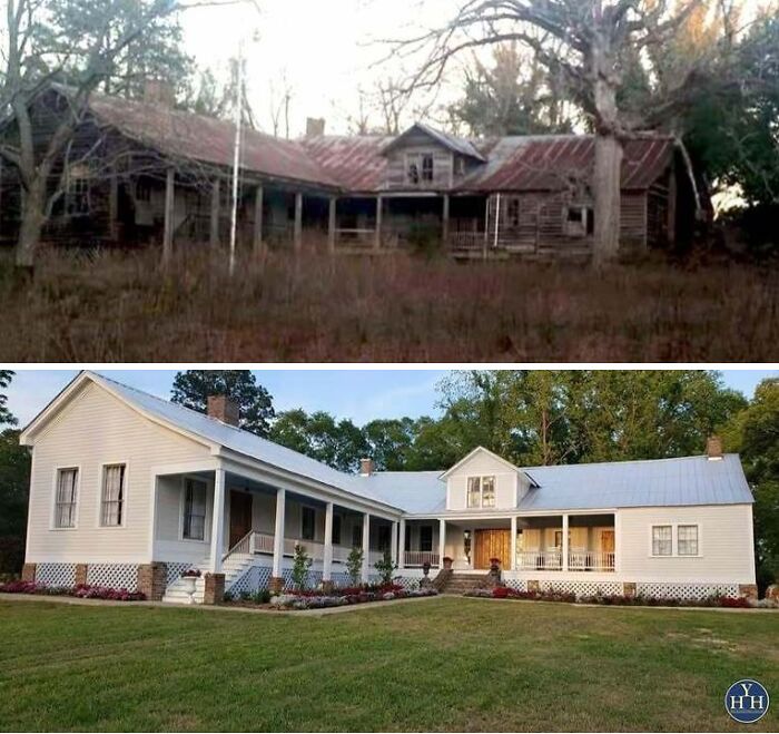 Casa antigua restaurada mostrando la transformación, destacando la recuperación del valor histórico y la arquitectura original.